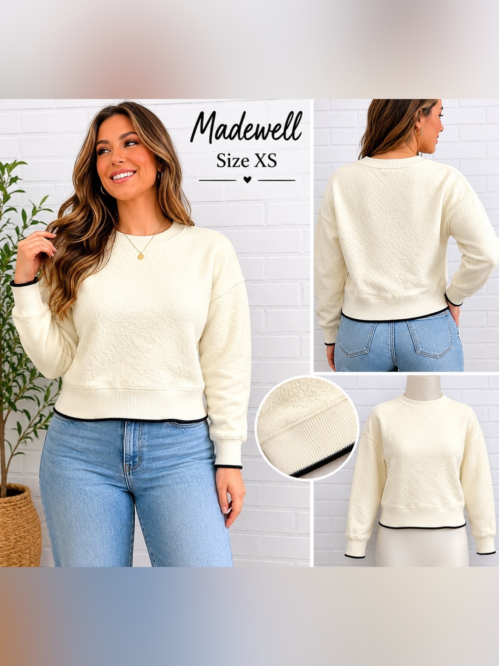 Madewell Textured Sweater 100%merino wool XS Black Trim Cropped Pullover